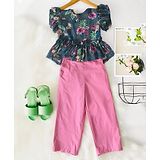 Bella Moda Cotton Frill Sleeves Floral Printed Top & Solid Pant Set - Pink