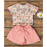 Bella Moda Linen Half Sleeves Floral Printed Crop Top With Solid Skort - Peach