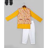 Naughty Ninos Pure Cotton Full Sleeves Striped Kurta Pyjama With Floral Printed Nehru Jacket Set - Yellow