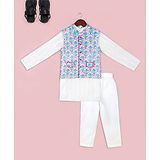 Naughty Ninos Pure Cotton Full Sleeves Solid Kurta Pyjama With Floral Motif Printed Nehru Jacket Set - White