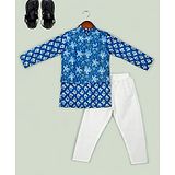 Naughty Ninos Pure Cotton Full Sleeves Floral Motif Printed Straight Kurta & Pyjama With Nehru Jacket Set - Blue