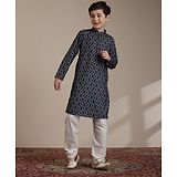 Manyavar Full Sleeves Ethnic Motif Printed Kurta & Pyjama Set - Dark Blue