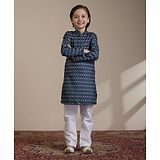 Manyavar Full Sleeves Floral Printed Kurta & Pyjama Set - Dark Blue