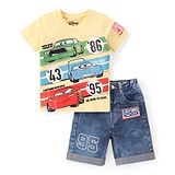 Babyhug Disney Cotton Knit Half Sleeves T-Shirt & Denim Shorts Set With Cars Graphics - Yellow & Blue