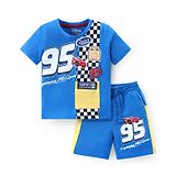 Babyhug Disney Cotton Knit Half Sleeves T-Shirt & Shorts Set With Disney Cars Graphics & Woven Patch Detailing - Blue