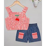 Budding Bees Cotton Sleeveless Checked Top With Shorts - Red & Blue