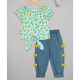 Budding Bees Cotton Half Sleeves Sunflower & Strawberries Printed Top With Jeans - Blue