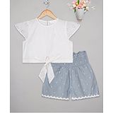 Budding Bees Cotton Cap Sleeves Schiffli Embroidered Top With Shorts - White & Blue