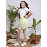 Budding Bees Cotton Half Sleeves Floral Embroidered Top With Checked Shorts - White & Green