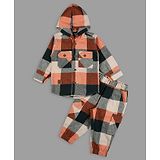 Actuel Cotton Full Sleeves Checked Hooded Shirt With Coordinating Joggers Set - Orange Grey Cream & Olive Green