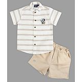 Actuel Cotton Slub Half Sleeves Striped Shirt With Shorts Set - Cream & Beige