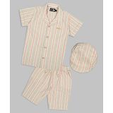 Actuel Cotton Half Sleeves Striped Coordinating Shirt & Shorts With Cap Set -Beige Cream & Peach