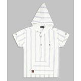 Actuel Half Sleeves Striped Kurta Style Hooded Shirt - White & Navy Blue