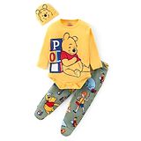 Babyhug Disney Interlock Knit Full Sleeves Onesie with Leggings and Cap Winnie The Pooh Graphic -Yellow & Light Green