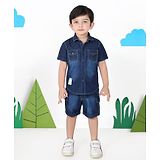 MASHUP Half Sleeves Mild Washed Denim Shirt & Shorts Set - Navy Blue