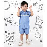 MASHUP Cotton Lycra Half Sleeves Placement Space Theme Patch Detailed Shirt & Shorts Set - Navy Blue