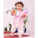 Vastramay Cotton Puffed Sleeves Floral Printed A Line Kurta And Pant Set - Pink And White