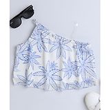 Taffykids Mesh Asymmetric Neck Floral Printed Crop Top - White And Blue