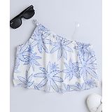 Taffykids Mesh Asymmetric Neck Floral Printed Crop Top - White And Blue