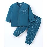 Zero Interlock Knit Full Sleeves Front Open Night Suit with UFO Print - Air Force  Blue