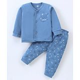 Zero Interlock Knit Full Sleeves Front Open Night Suit with UFO Print - Medium Blue