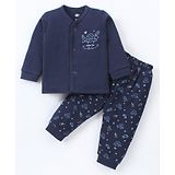 Zero Interlock Knit Full Sleeves Front Open Night Suit with UFO Print - Navy Blue