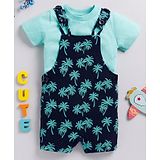 Mimino Single Jersey Knit Palm Tree Printed Dungaree With Half Sleeve Solid T-Shirt  - Mint & Navy Blue