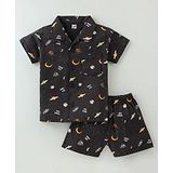 Evimo Single Jersey Knit Half Sleeves  Shorts Set with UFO & Moon Print - Charcoal