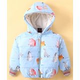 Little Kangaroos Woven Full Sleeves Bear Printed Hooded Jacket - Sky Blue