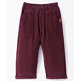 Little Kangaroos 100% Cotton Woven Full Length Trouser Pant Solid Colour with Bear Patch - Dark Red