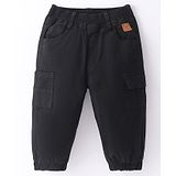 Little Kangaroos 100% Cotton Woven Full Length Trouser with Teddy Patch Solid Colour - Black