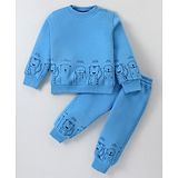 Little Kangaroos Cotton Knit Full Sleeves Winter Wear Sweatshirt & Jogger Pants Set Animal Print - Blue