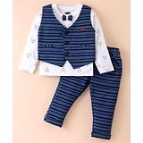 Mini Taurus Cotton Knit Full Sleeves Deer Printed T-Shirt & Trouser Set with Striped Waist Coat & Attached Bow - Blue