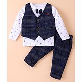 Mini Taurus Cotton Knit Full Sleeves Printed T-Shirt & Trouser Set with Checkered Waist Coat & Attached Bow - Blue