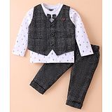 Mini Taurus Cotton Knit Full Sleeves Printed T-Shirt & Trouser Set with Checkered Waist Coat & Attached Bow - Blue