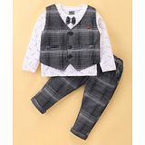 Mini Taurus Cotton Woven Full Sleeves Skateboard Printed  T-Shirt & Trouser Set with Waistcoat & Attached Bow - Blue