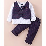 Mini Taurus Cotton Knit Full Sleeves Printed T-Shirt & Striped Trouser Set with Attached Bow & Waist Coat - Blue