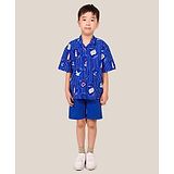 Whistle & Hops Cotton Half Sleeves Nautical Theme Printed Shirt With Shorts - Blue