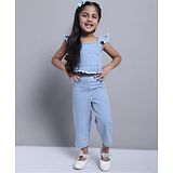 Superminis Denim Sleeveless Solid  Top And Trousers - Blue