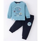 Cucumber Sinker Knit Full Sleeves T-Shirt & Lounge Pants Set With Nautical Print - Blue