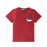 UCB Cotton Knit Half Sleeves Solid T-Shirt with Benetton Text Patch - Red