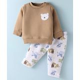 Pepito Fleece Knit Full Sleeves Winter Wear Sweatshirt & Joggers Set with Animal Print - Tan