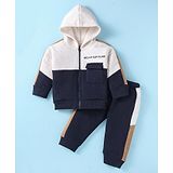 Pepito Knit Full Sleeves Hooded Fleece Winter Wear Suit with Text Embroidery - Navy Blue & White