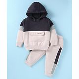 Pepito Fleece Knit Full Sleeves Cut & Sew  Sweatshirt with Front Pocket & Lounge Pant Set White & Black