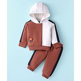 Pepito Fleece Knit Full Sleeves Winter Wear Hooded Sweatshirt & Lounge Pant Set With Basketball Badge & Cut & Sew Design - Coral