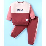 Pepito Fleece Knit Full Sleeves Cut & Sew Design Winter Wear Set With Text Print - White & Pink