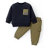 Pepito Fleece Knit Full Sleeves Winter Wear Set With Pocket Patch Detailing - Black & Olive