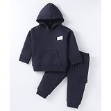 Pepito Fleece Knit Full Sleeves Solid Color Sweatshirt with Kangaroo  Pocket & Lounge Pant Set - Navy Blue