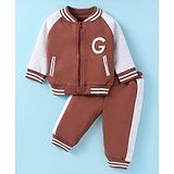 Pepito Cotton Fleece Knit Winter Wear Full Raglan Sleeves  Sports Theme Sweat Jacket & Lounge Pants - Brown & White