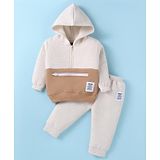 Pepito Fleece Knit Full Sleeves Color Block Sweatshirt with Front Pocket & Lounge Pant Set White & Brown